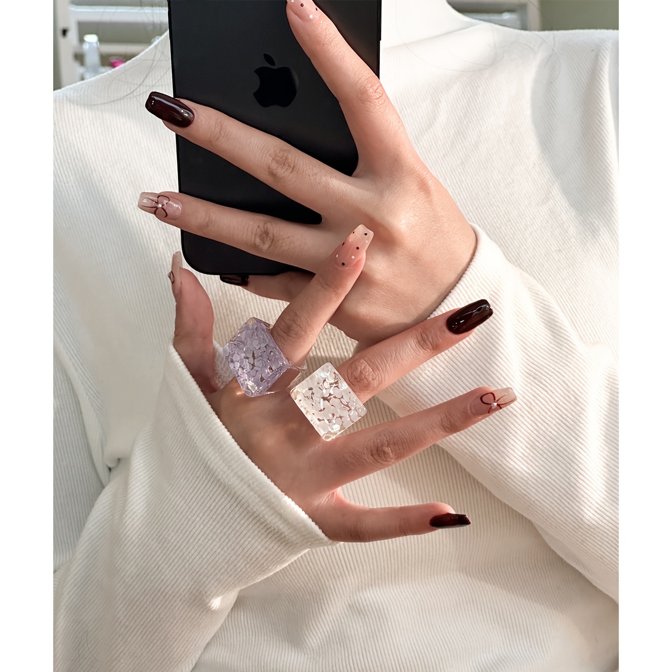 5pcs Floral Accented Resin Stacking Rings for Daily & Vacation Wear